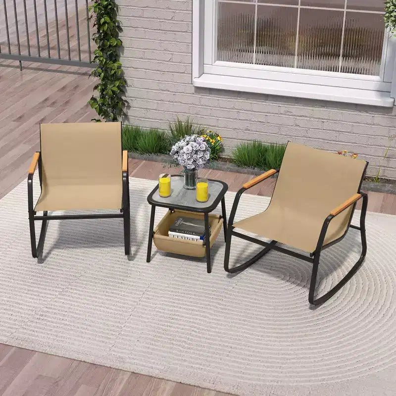 Ensemble bistro basculant 3 pièces Costway avec accoudoirs et plateau de table en PS, cadre en métal, marron/noir, sac de rangement inclus