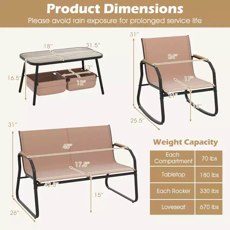 Ensemble de mobilier de jardin 4 pièces Costway avec 2 chaises de bistrot à bascule et table basse à 2 niveaux