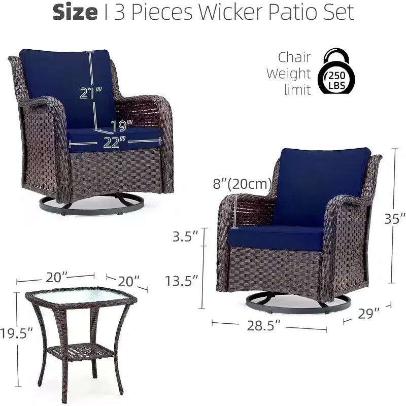 Chaises de terrasse à glissière pivotante en résine tressée d'extérieur avec table, ensemble bistro d'extérieur 3 pièces avec coussins épais 4in et table basse pour porche, balcon, terrasse
