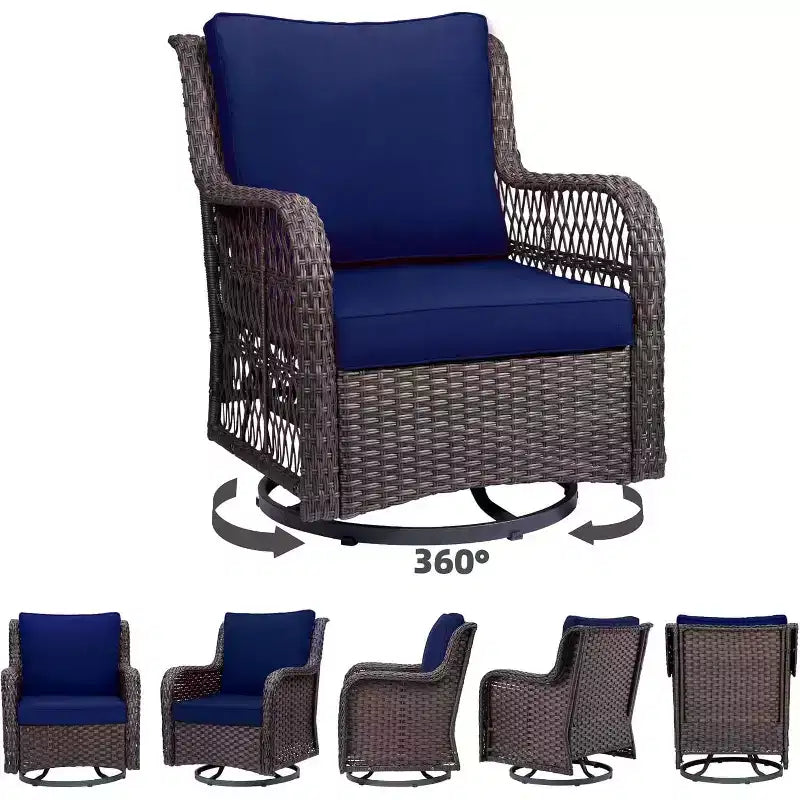 Chaises de terrasse à glissière pivotante en résine tressée d'extérieur avec table, ensemble bistro d'extérieur 3 pièces avec coussins épais 4in et table basse pour porche, balcon, terrasse