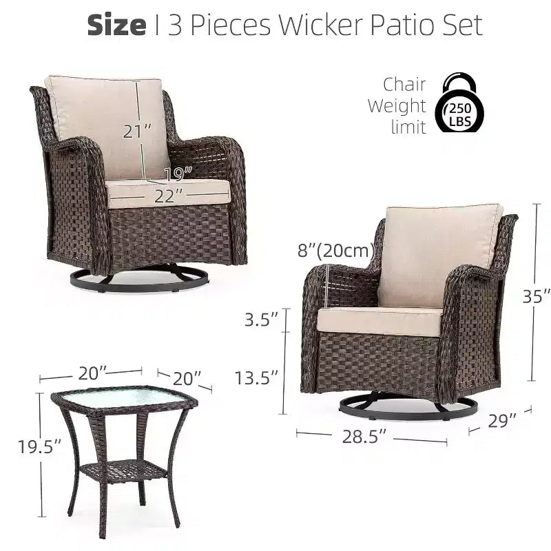 Chaises de terrasse à glissière pivotante en résine tressée d'extérieur avec table, ensemble bistro d'extérieur 3 pièces avec coussins épais 4in et table basse pour porche, balcon, terrasse