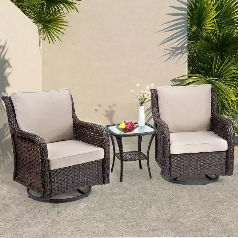 Outdoor Swivel Wicker Glider Patio Chairs with Table, 3 Pieces Outdoor Bistro Set with 4in Thick Cushions and Coffee Table for Porch, Balcony, Deck