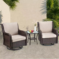 Outdoor Swivel Wicker Glider Patio Chairs with Table, 3 Pieces Outdoor Bistro Set with 4in Thick Cushions and Coffee Table for Porch, Balcony, Deck