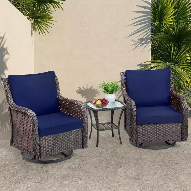Chaises de terrasse à glissière pivotante en résine tressée d'extérieur avec table, ensemble bistro d'extérieur 3 pièces avec coussins épais 4in et table basse pour porche, balcon, terrasse