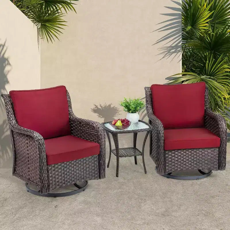 Chaises de terrasse à glissière pivotante en résine tressée d'extérieur avec table, ensemble bistro d'extérieur 3 pièces avec coussins épais 4in et table basse pour porche, balcon, terrasse
