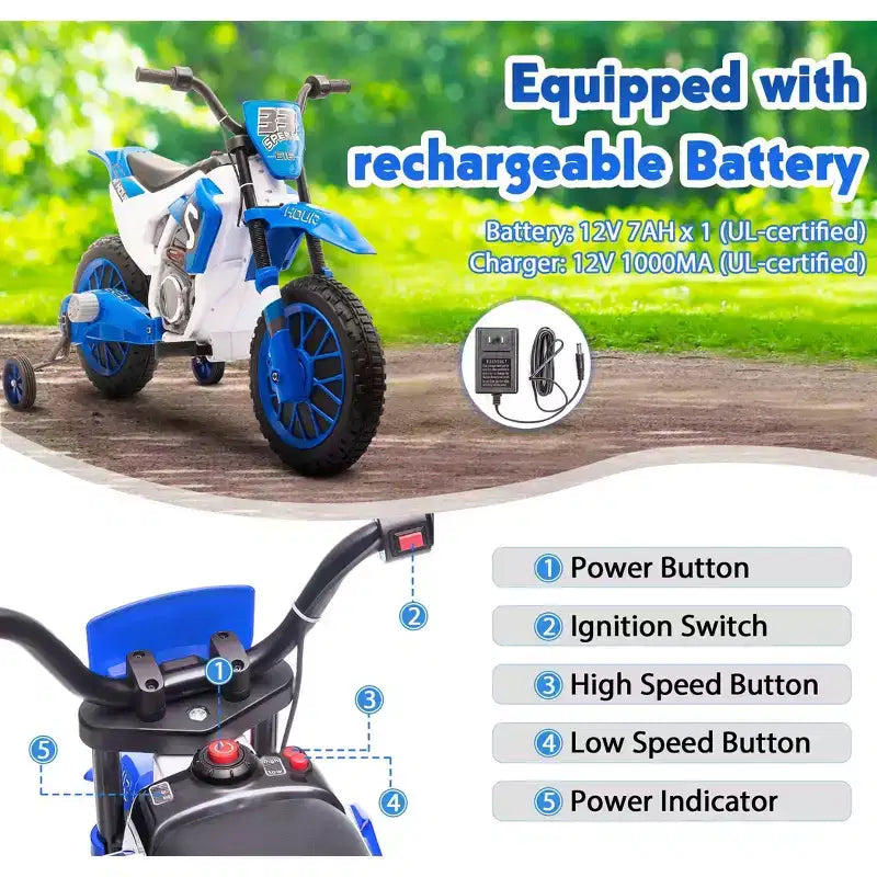 Sandinrayli Moto Électrique pour Enfants 12V Moto Cross Voiture Électrique Batterie Motocross Tout-Terrain