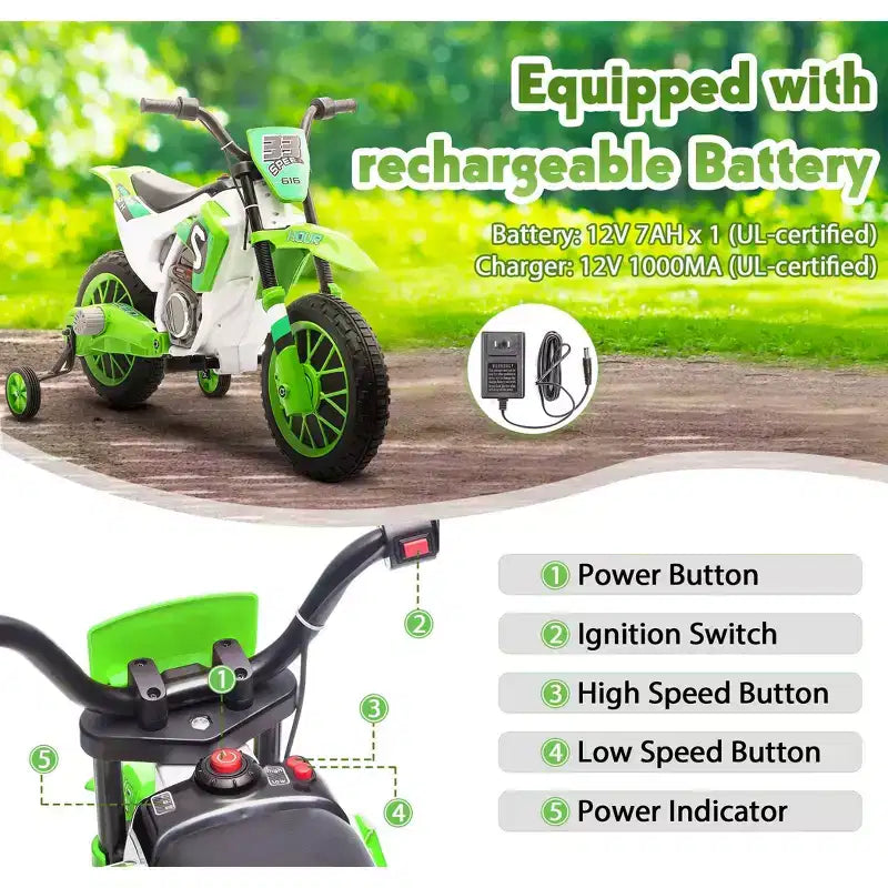 Sandinrayli Moto Électrique pour Enfants 12V Moto Cross Voiture Électrique Batterie Motocross Tout-Terrain