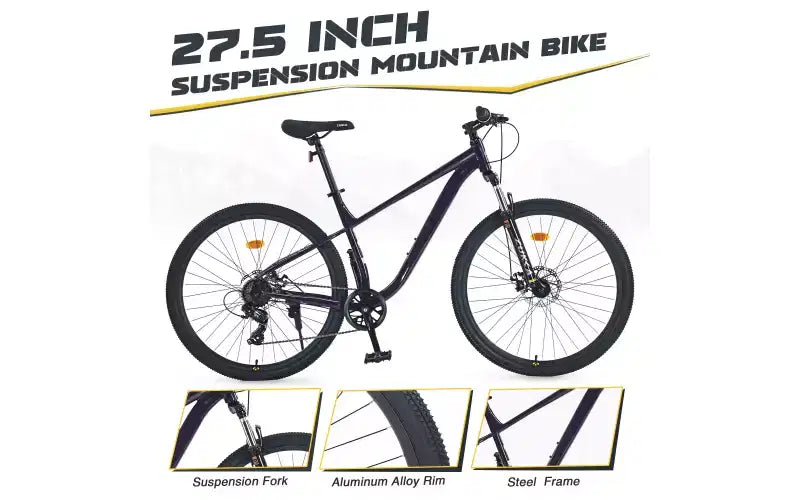 Vélo tout-terrain 27,5 pouces, 8 vitesses, pour hommes, femmes, garçons et filles, suspension avant, cadre en acier