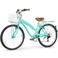 Hykolity Vélo de ville 26 pouces, 7 vitesses, pour femme, avec porte-bagages arrière, garde-boue avant et arrière en acier à haute teneur en carbone et panier