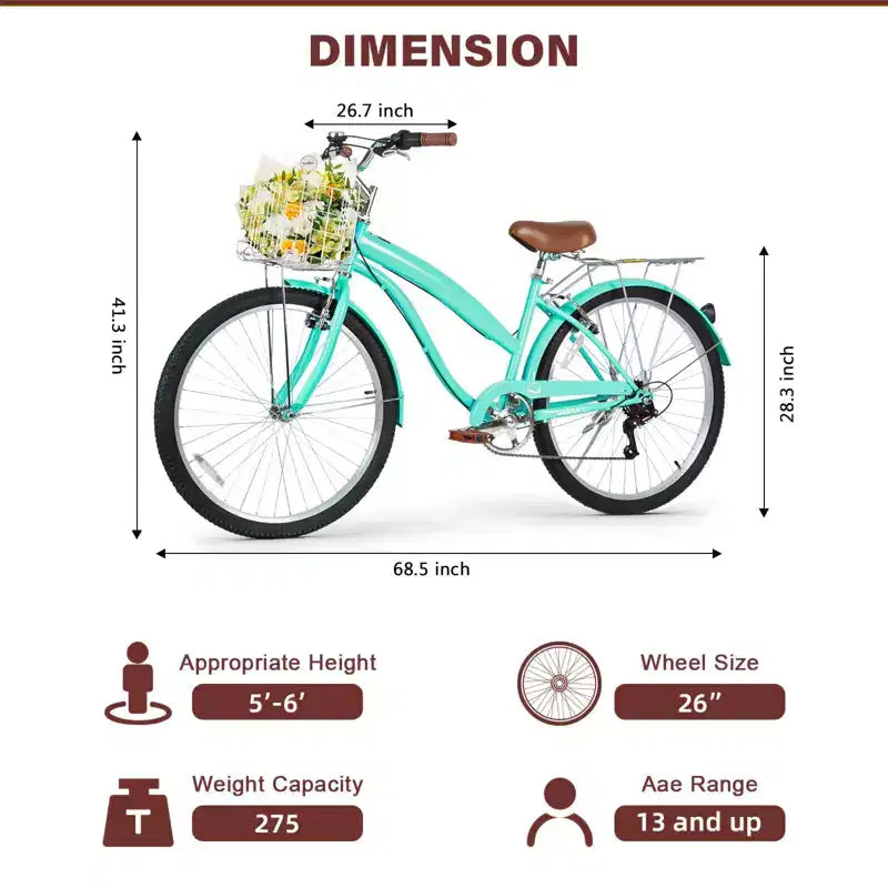 Hykolity Vélo de ville 26 pouces, 7 vitesses, pour femme, avec porte-bagages arrière, garde-boue avant et arrière en acier à haute teneur en carbone et panier