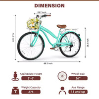 Hykolity Vélo de ville 26 pouces, 7 vitesses, pour femme, avec porte-bagages arrière, garde-boue avant et arrière en acier à haute teneur en carbone et panier