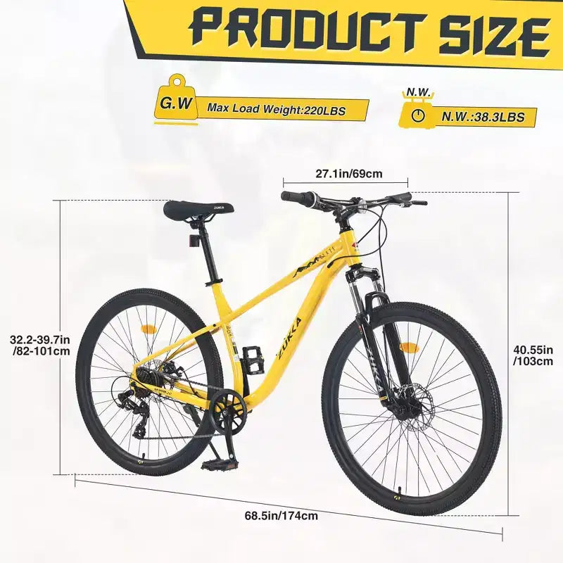 VTT NAYSAYE 27,5 pouces 8 vitesses avec suspension avant et cadre en acier pour aventures tout-terrain, jaune, 68.5*27.1*40.55