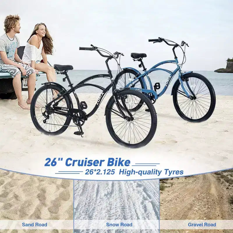 Vélo de plage NAYSAYE 7 vitesses pour femmes, cadre en acier de 26 pouces pour des trajets urbains confortables, bleu, 69,96*28,32*43,2