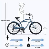 Vélo de plage NAYSAYE 7 vitesses pour femmes, cadre en acier de 26 pouces pour des trajets urbains confortables, bleu, 69,96*28,32*43,2