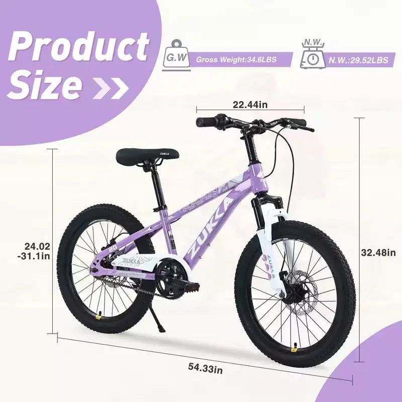 Vélo tout terrain NAYSAYE à cadre en acier durable avec fourche à suspension pour enfants, pour la pratique en plein air, violet, 54,33*22,44*32,48