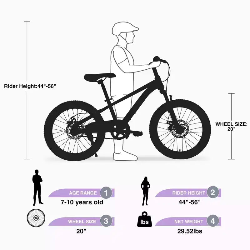 Vélo tout terrain NAYSAYE à cadre en acier durable avec fourche à suspension pour enfants, pour la pratique en plein air, violet, 54,33*22,44*32,48