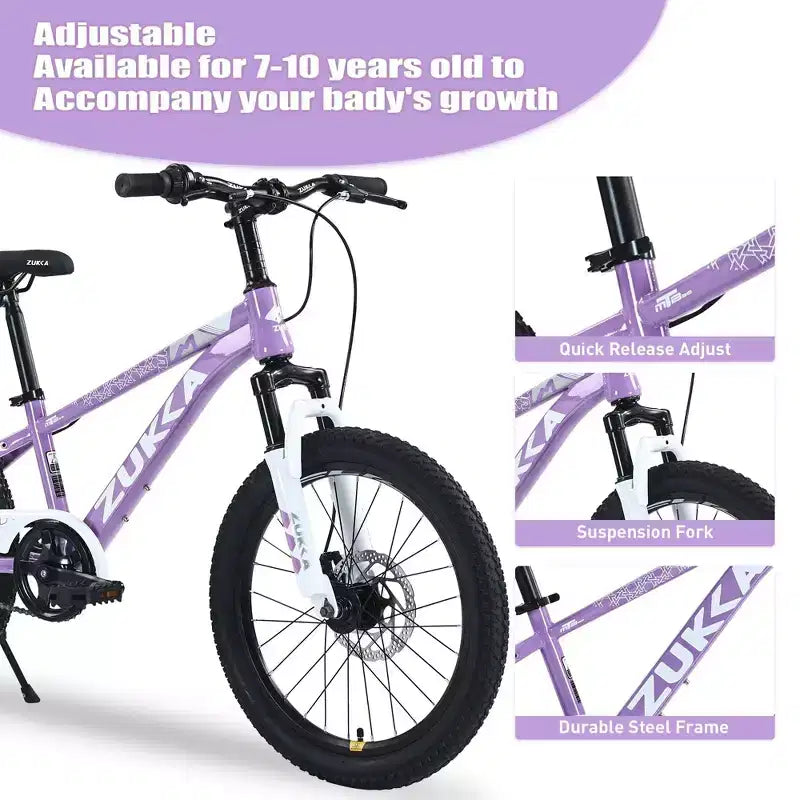 Vélo tout terrain NAYSAYE à cadre en acier durable avec fourche à suspension pour enfants, pour la pratique en plein air, violet, 54,33*22,44*32,48