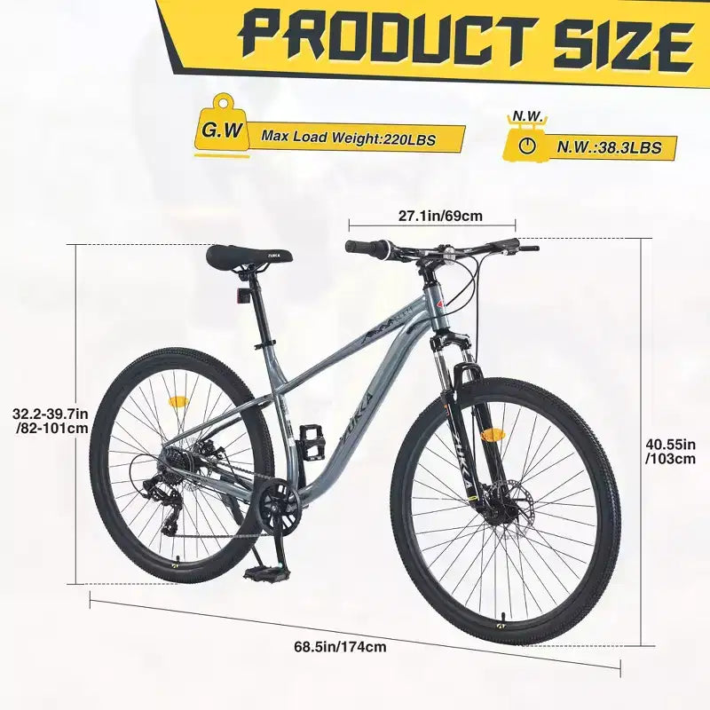 NAYSAYE VTT 27,5 pouces 8 vitesses avec suspension avant Cadre en acier durable pour hommes et femmes Aventures tout-terrain, Gris, 68,5*27,1*40,55