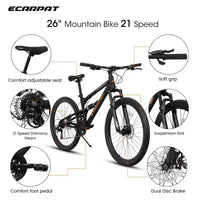 NAYSAYE Vélo 26 pouces Cadre acier 21 vitesses VTT avec double suspension Vélo adulte pour cyclisme en extérieur, Noir, 67*25*40