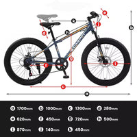 NAYSAYE Vélo de Montagne Fat Bike 24 Pouces avec Dérailleur 7 Vitesses et Double Frein à Disque pour Adultes et Adolescents, Gris, 67*25*40