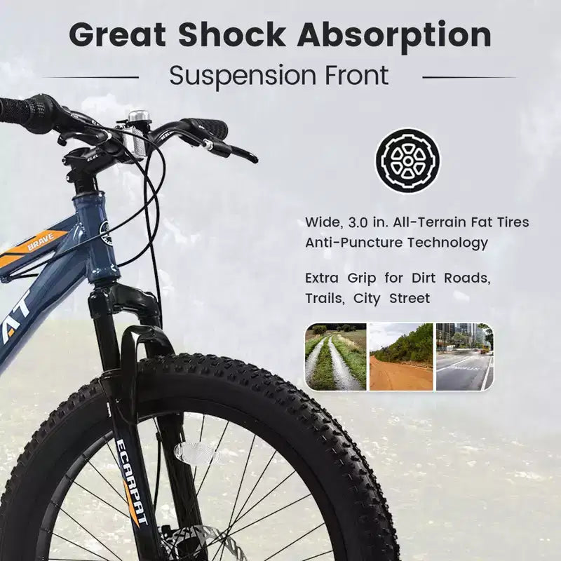 NAYSAYE Vélo de Montagne Fat Bike 24 Pouces avec Dérailleur 7 Vitesses et Double Frein à Disque pour Adultes et Adolescents, Gris, 67*25*40