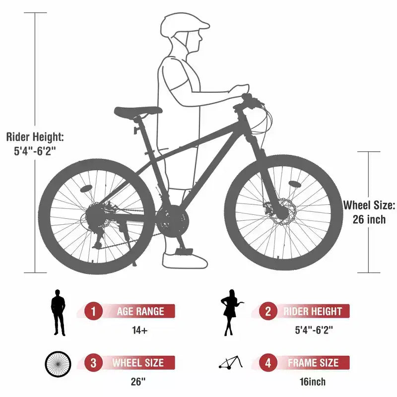 NAYSAYE Vélo VTT 24 Vitesses Cadre en Acier avec Fourche Suspendue pour Adultes, Rouge, 65.75*24.41*37