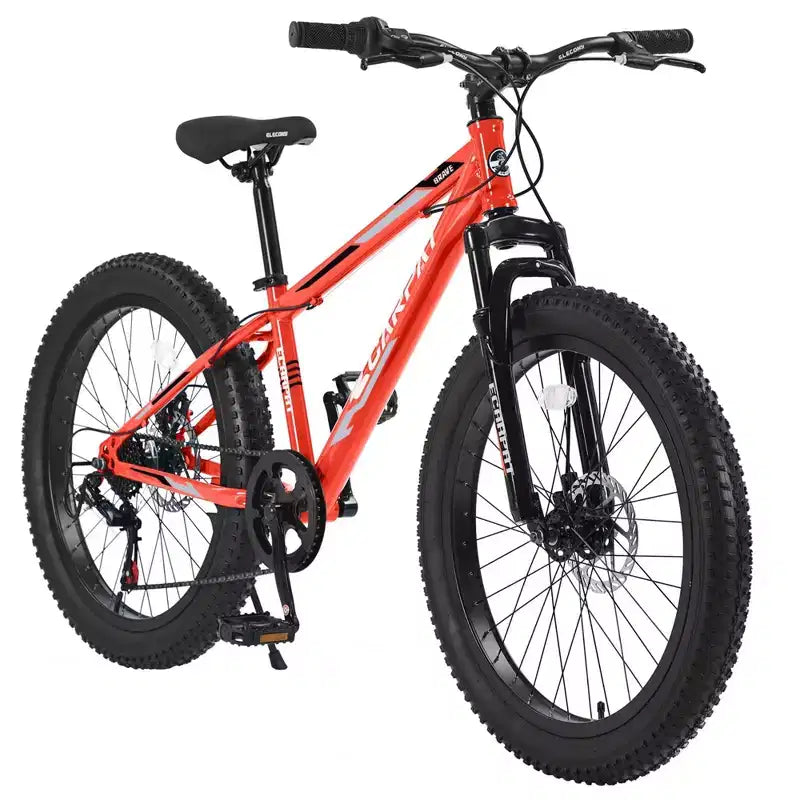 NAYSAYE Vélo VTT à Gros Pneus 24 Pouces avec Dérailleur 7 Vitesses et Double Frein à Disque pour Adultes et Adolescents, Orange, 67*25*40