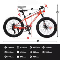 NAYSAYE Vélo VTT à Gros Pneus 24 Pouces avec Dérailleur 7 Vitesses et Double Frein à Disque pour Adultes et Adolescents, Orange, 67*25*40
