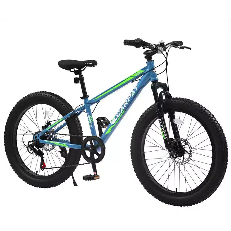 NAYSAYE Vélo VTT à Pneus Larges 24 Pouces avec Dérailleur 7 Vitesses et Double Frein à Disque pour Adultes et Adolescents, Bleu et Vert, 67*25*40