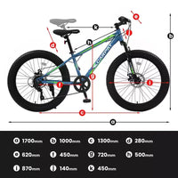 NAYSAYE Vélo VTT à Pneus Larges 24 Pouces avec Dérailleur 7 Vitesses et Double Frein à Disque pour Adultes et Adolescents, Bleu et Vert, 67*25*40