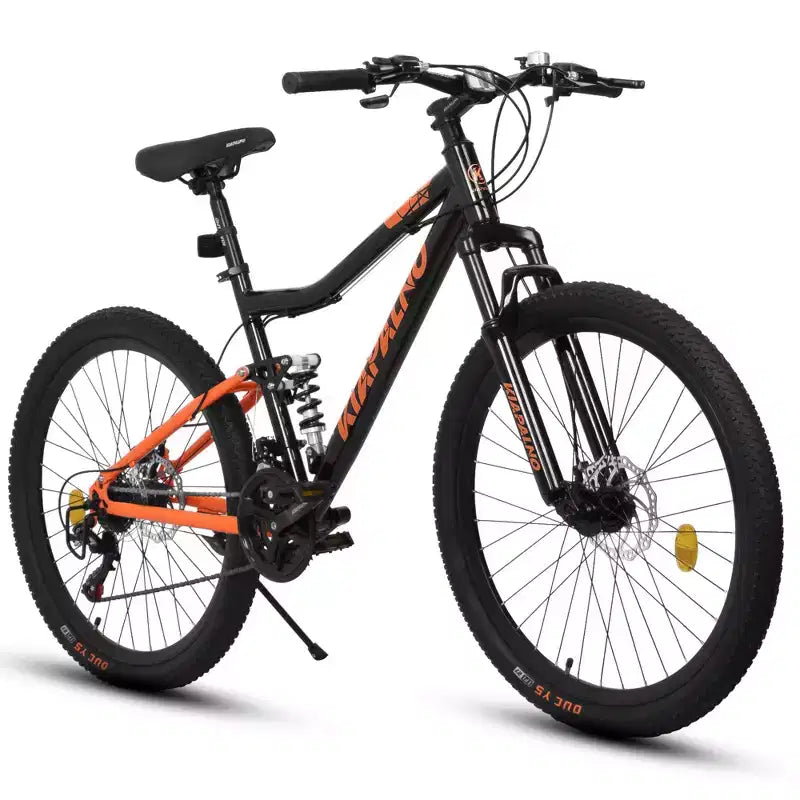 Vélo NAYSAYE 26 pouces à cadre en acier tout terrain 21 vitesses avec fourche à amortisseur et freins à disque, unisexe, noir et orange, 55,91*7,88*28,74