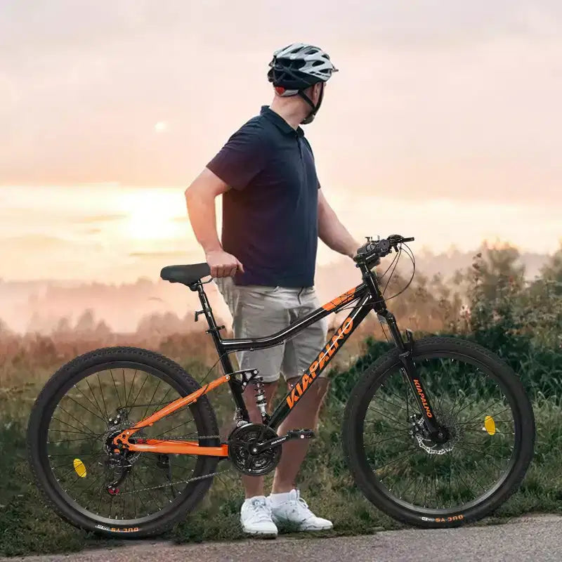 Vélo NAYSAYE 26 pouces à cadre en acier tout terrain 21 vitesses avec fourche à amortisseur et freins à disque, unisexe, noir et orange, 55,91*7,88*28,74
