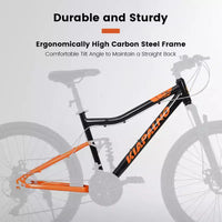 Vélo NAYSAYE 26 pouces à cadre en acier tout terrain 21 vitesses avec fourche à amortisseur et freins à disque, unisexe, noir et orange, 55,91*7,88*28,74