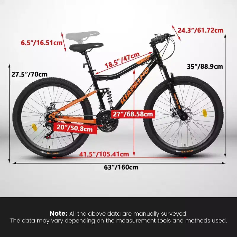 Vélo NAYSAYE 26 pouces à cadre en acier tout terrain 21 vitesses avec fourche à amortisseur et freins à disque, unisexe, noir et orange, 55,91*7,88*28,74