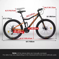 Vélo NAYSAYE 26 pouces à cadre en acier tout terrain 21 vitesses avec fourche à amortisseur et freins à disque, unisexe, noir et orange, 55,91*7,88*28,74
