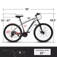 NAYSAYE Vélo VTT 27 pouces 21 vitesses avec fourche suspendue et freins à disque pour hommes et femmes, Gris, 70*27*39.5
