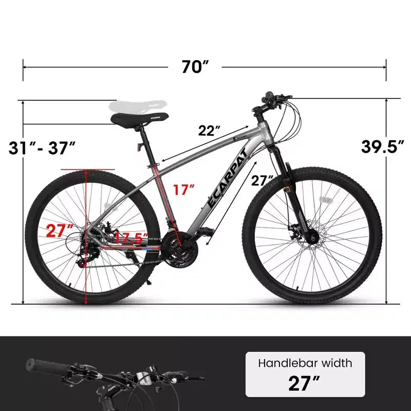 NAYSAYE Vélo VTT 27 pouces 21 vitesses avec fourche suspendue et freins à disque pour hommes et femmes, Gris, 70*27*39.5