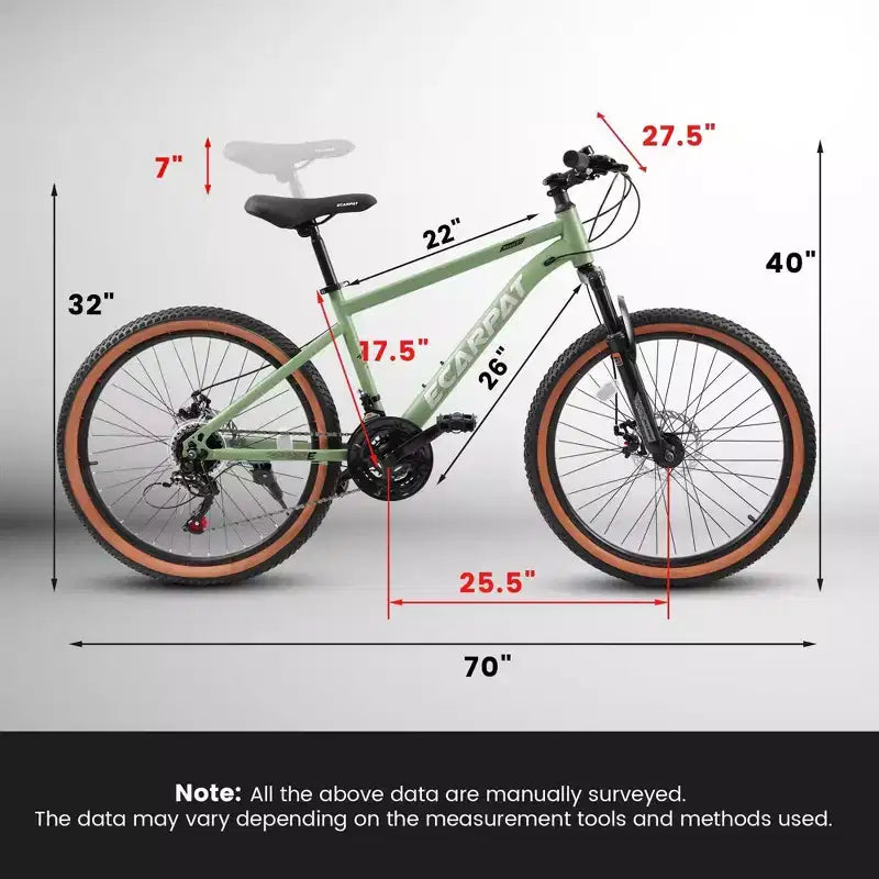 Vélo NAYSAYE VTT 27,5 pouces pour adultes avec freins à disque pour les trajets quotidiens et l'exploration en plein air, Vert, 70*27.5*40