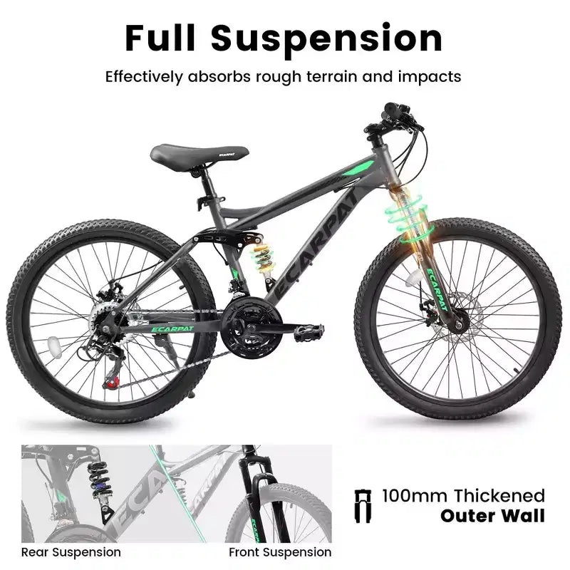 NAYSAYE Bicyclette VTT 26 pouces 21 vitesses avec double amortissement pour les déplacements et les voyages unisexes, Gris, 67*27*39