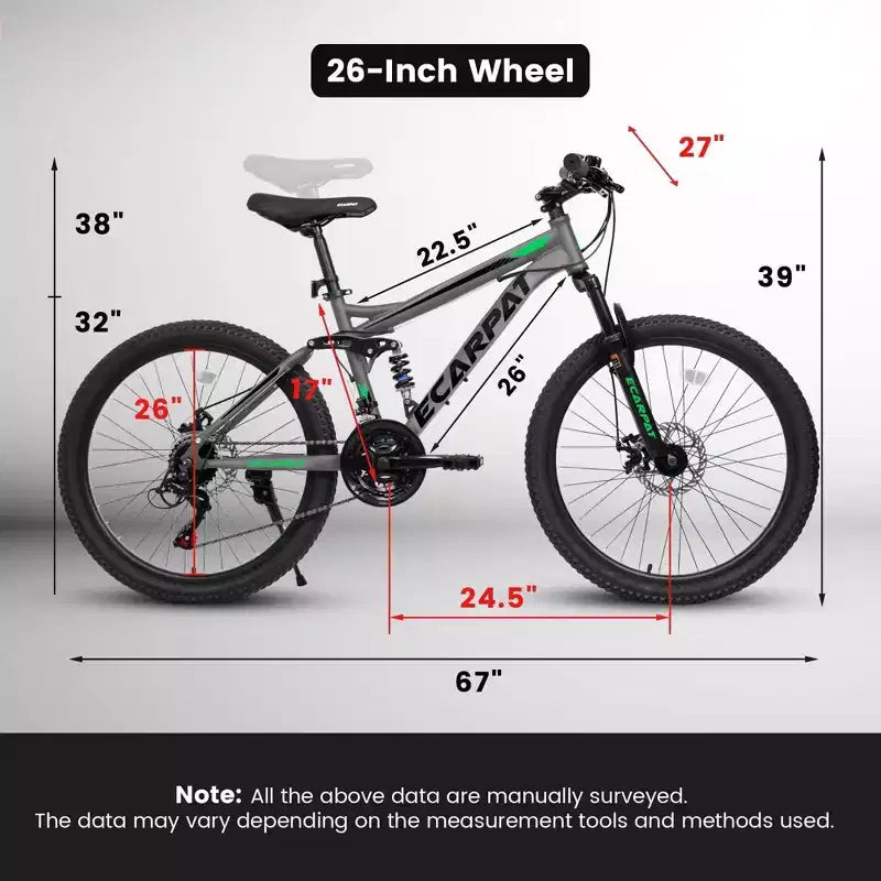 NAYSAYE Bicyclette VTT 26 pouces 21 vitesses avec double amortissement pour les déplacements et les voyages unisexes, Gris, 67*27*39