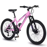 Vélo de montagne NAYSAYE 24 pouces avec dérailleur 21 vitesses, double freins à disque pour adolescents et femmes, rose, 66*24.8*35