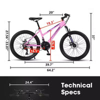 Vélo de montagne NAYSAYE 24 pouces avec dérailleur 21 vitesses, double freins à disque pour adolescents et femmes, rose, 66*24.8*35