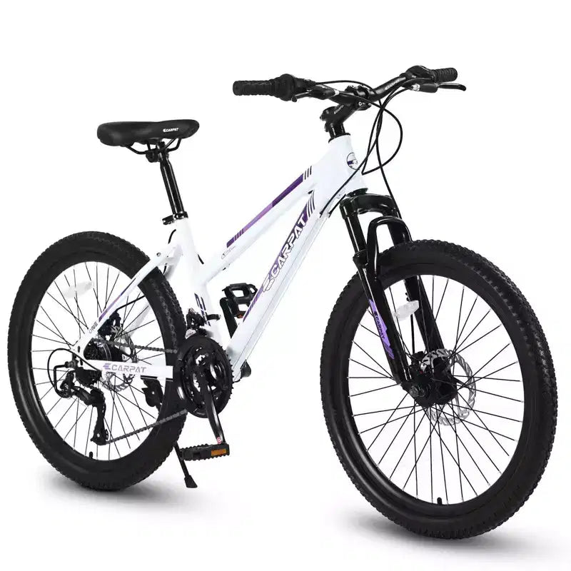 NAYSAYE Vélo VTT 24 pouces avec dérailleur 21 vitesses et double frein à disque pour adolescents et femmes, blanc, 66*24.8*35