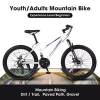 NAYSAYE Vélo VTT 24 pouces avec dérailleur 21 vitesses et double frein à disque pour adolescents et femmes, blanc, 66*24.8*35
