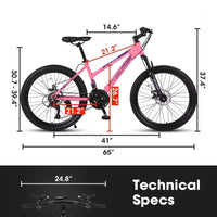 NAYSAYE Vélo VTT 26 Pouces avec Dérailleur 21 Vitesses Double Frein à Disque pour Adolescents et Femmes, Rose, 65*24.8*37.4