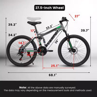 NAYSAYE Vélo VTT tout suspendu 27,5 pouces 21 vitesses avec double amortisseur pour hommes et femmes, Gris, 68.1*27*39.7