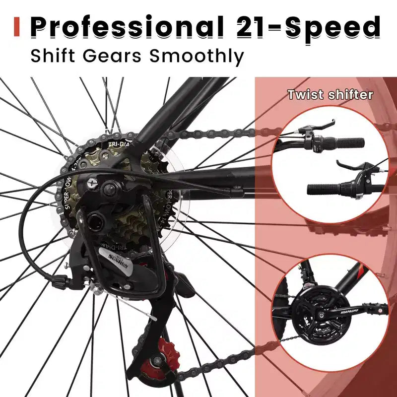 NAYSAYE Vélo VTT 24 pouces Cadre 21 vitesses Double freins en V pour adultes et adolescents pour la randonnée en montagne, Noir et Rouge, 64,57*24,8*34,65