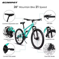 Vélo NAYSAYE VTT 26 pouces avec cadre en acier, fourche suspendue, 21 vitesses pour hommes et femmes, bleu, 68*27*38