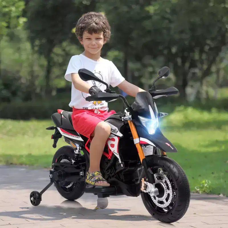 Moto électrique pour enfant Sandinrayli 12 V sous licence Aprilia, moto tout-terrain à batterie avec roulettes stabilisatrices