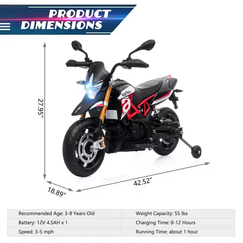 Moto électrique pour enfant Sandinrayli 12 V sous licence Aprilia, moto tout-terrain à batterie avec roulettes stabilisatrices